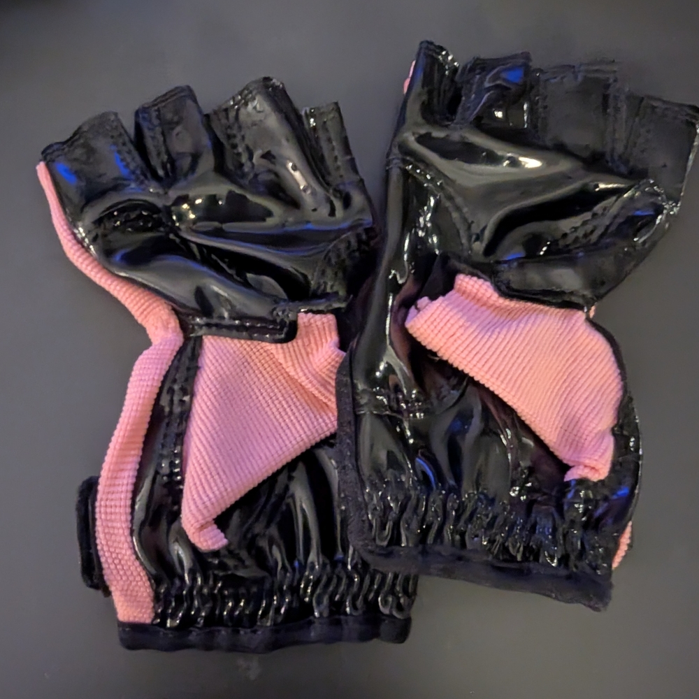 Shiny Black and Pink Fingerless Gloves
